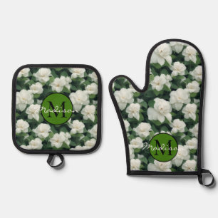 Elegant classic green botanical white floral oven mitt & pot holder set