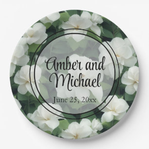 Elegant classic green botanical white floral paper plate