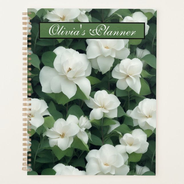 Elegant classic green botanical white floral planner (Front)