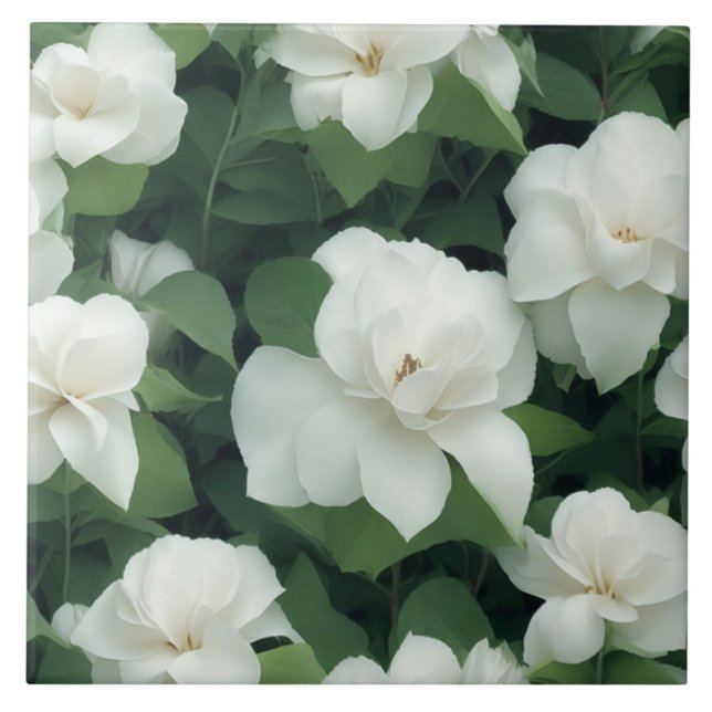Elegant classic green botanical white floral tile (Front)