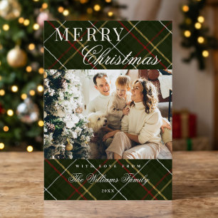 Elegant Classic Green Plaid 1 Photo Christmas Holiday Card
