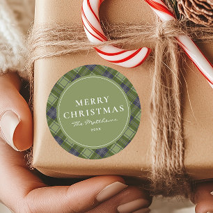 Elegant Classic Green Plaid Merry Christmas  Round Sticker