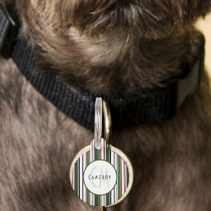 Elegant Classic Green Striped Monogram Pet Tag