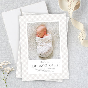 Elegant Classic Grey Gingham Gender Neutral Birth Announcement