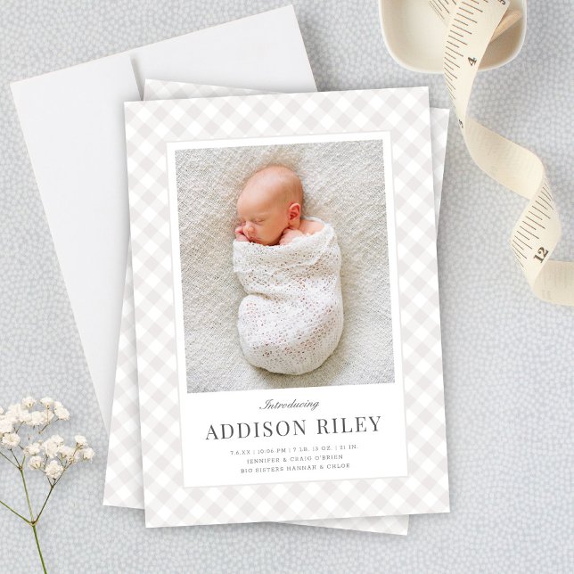 Elegant Classic Grey Gingham Gender Neutral Birth Announcement (Creator Uploaded)