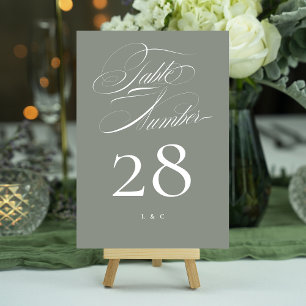 Elegant Classic Grey on White Calligraphy Wedding Table Number