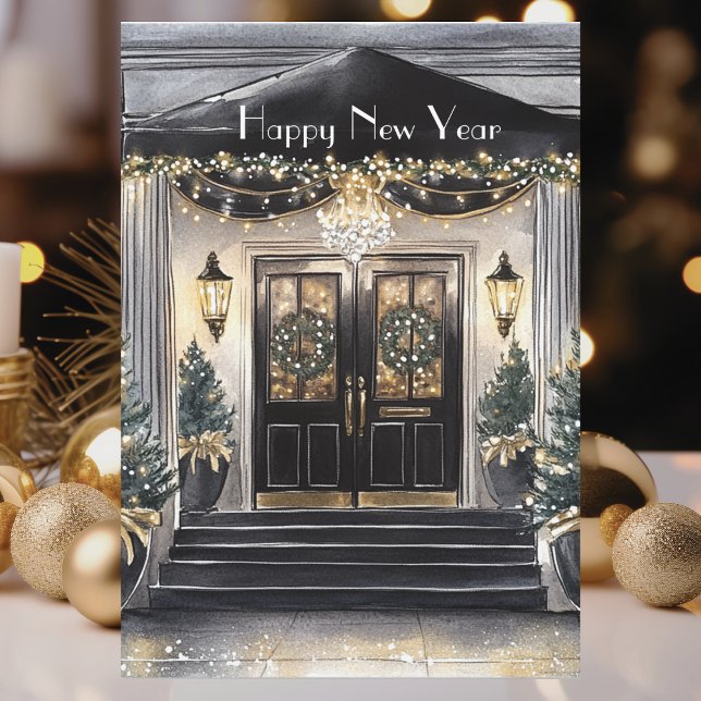 Elegant Classic Home Black Gold Happy New Year Holiday Card (Creator Uploaded)