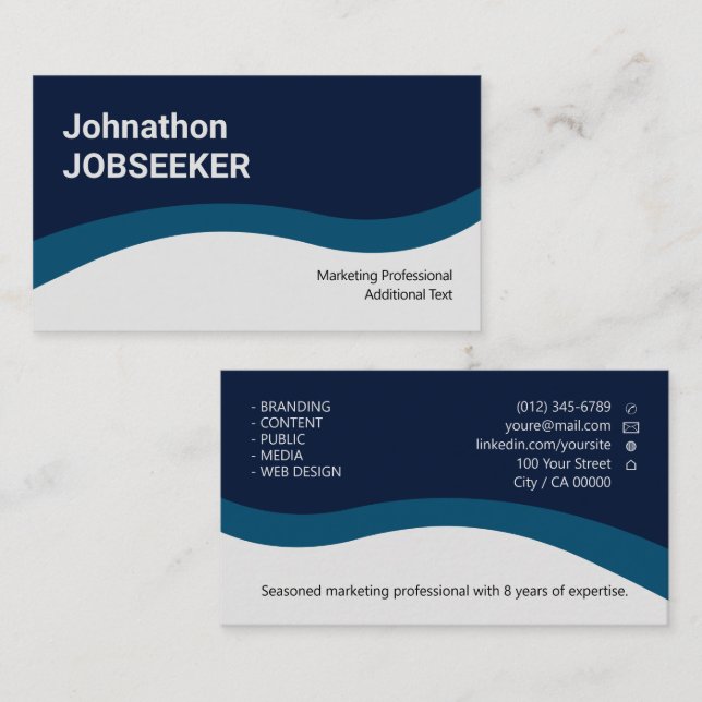 Elegant Classic Job Seeker Minimal Clean Blue Business Card (Front/Back)