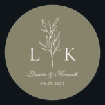 Elegant Classic Leaf Monogram Wedding Olive Green Round Sticker<br><div class="desc">Elegant olive green leaf monogram round sticker.</div>