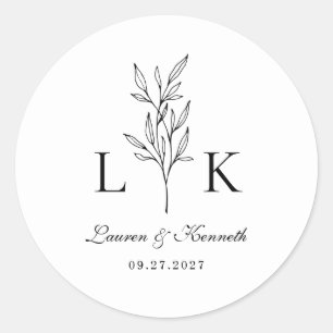 Elegant Classic Leaf Monogram Wedding Round Sticker