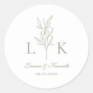 Elegant Classic Leaf Monogram Wedding Sage Green Round Sticker