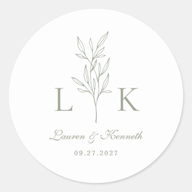 Elegant Classic Leaf Monogram Wedding Sage Green Round Sticker (Front)