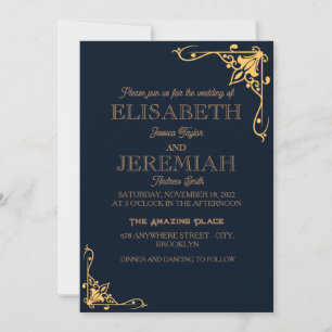 elegant Classic luxurious blue gold wedding Invitation
