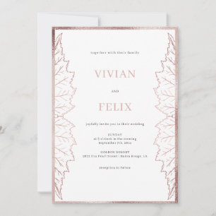 Elegant Classic Matt Rose Gold Leaves Wedding Invitation