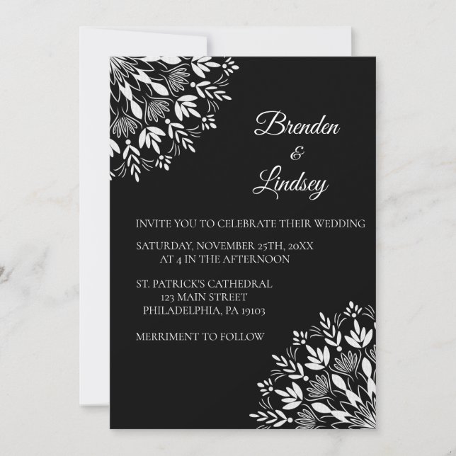 Elegant classic modern black and white floral invitation (Front)
