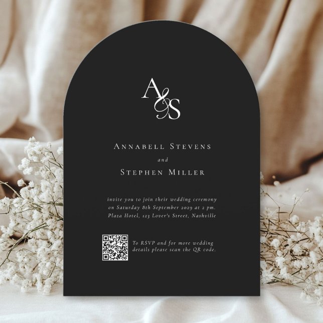 Elegant, Classic, Monogram, Black, QR Code Wedding Invitation (Elegant, classic, monogram, black+white, QR Code wedding invitation.)
