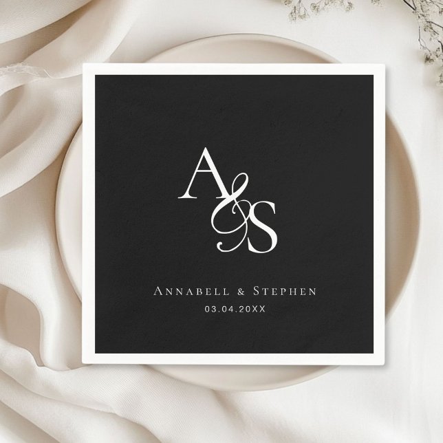 Elegant, Classic, Monogram, Black Wedding Napkin (Elegant, Classic, Monogram, Black & White, Wedding Napkin with your name and date.)