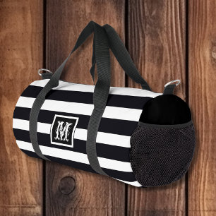 Elegant Classic Monogram. Black & White Stripes Duffle Bag