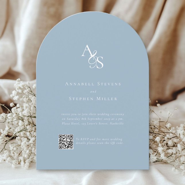 Elegant, Classic, Monogram, Blue, QR Code Wedding Invitation (Elegant, Classic, Monogram, Blue, QR Code Wedding Invitation)