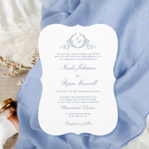 Elegant Classic Monogram Dusty Blue Wedding Invitation