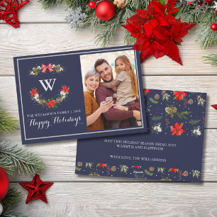 Elegant Classic Monogram Floral Happy Holiday Card