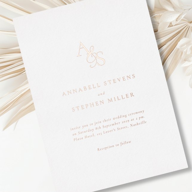 Elegant, Classic, Monogram, Foil, Wedding   (White, elegant, classic wedding invitation. Rose-Gold, real Foil, typography.)