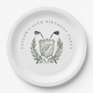 Elegant Classic Monogram Golf Crest Birthday Party Paper Plate