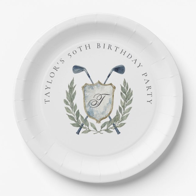 Elegant Classic Monogram Golf Crest Birthday Party Paper Plate (Front)