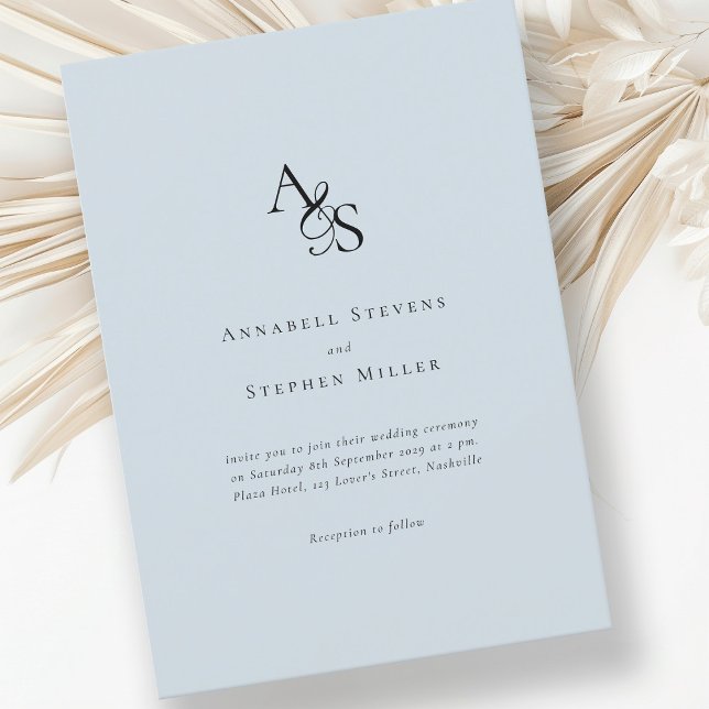 Elegant, Classic, Monogram, Light-Blue, Wedding Invitation (Creator Uploaded)