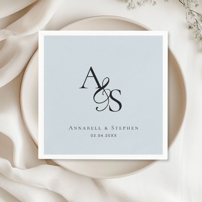 Elegant, Classic, Monogram, Light-Blue Wedding Napkin (Elegant, Classic, Monogram, Light-Gray, Wedding Napkin with your name and date.)