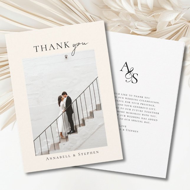 Elegant, Classic, Monogram, Thank you! 1 Photo Thank You Card (Elegant, classic, monogram, beige-white, wedding 1 photo "Thank you" card.)