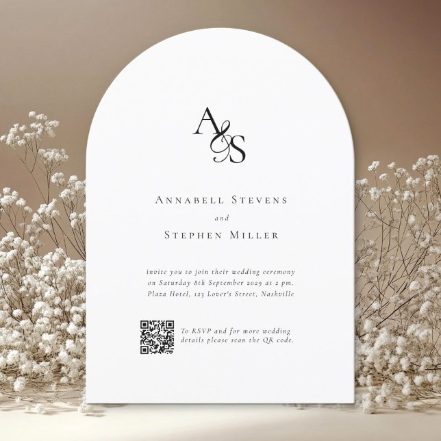 Elegant, Classic, Monogram, White, QR Code Wedding Invitation (Elegant, Classic, Monogram, White, QR Code Wedding Invitation)