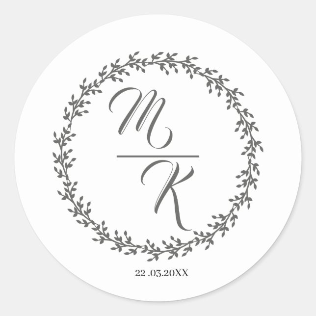 Elegant, classic monogram wreath classic round sticker (Front)