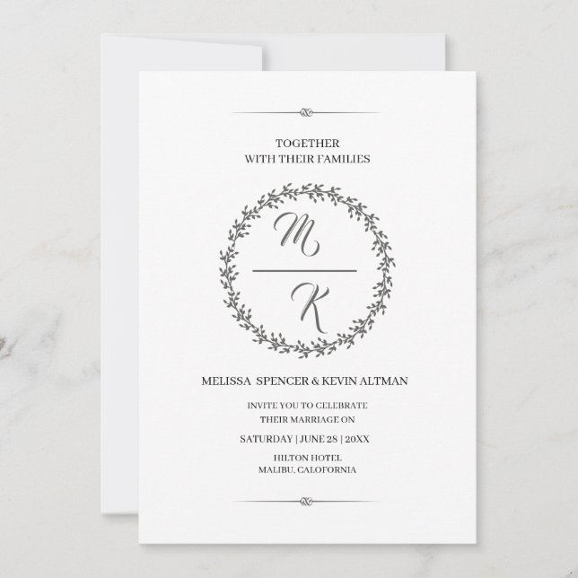 Elegant, classic monogram wreath invitation (Front)