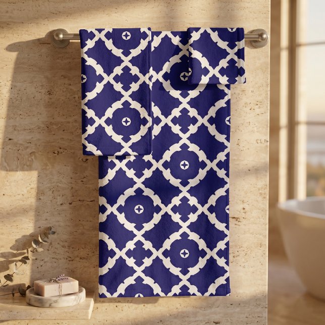 Elegant Classic Navy Blue and White Mosaic Pattern Bath Towel Set (Creator Uploaded)