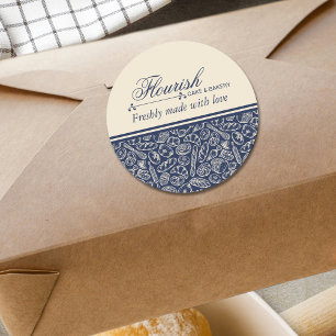 Elegant Classic Navy Blue Baked With Love Round Sticker