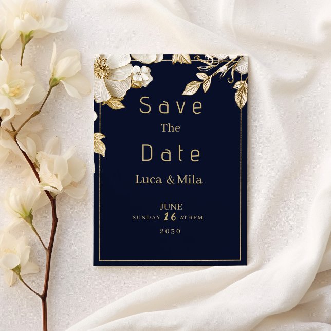 Elegant classic navy blue gold flora Save the Date Invitation (Elegant classic navy blue gold flora Save the Date )