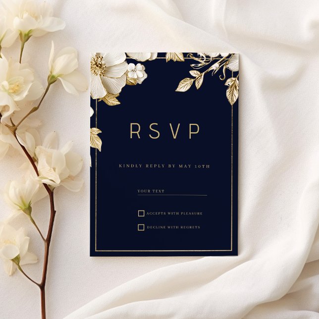 Elegant classic navy blue gold floral RSVP Invitation (Elegant classic navy blue gold floral RSVP)