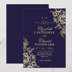 Elegant Classic Navy Blue Gold Floral Wedding  Invitation