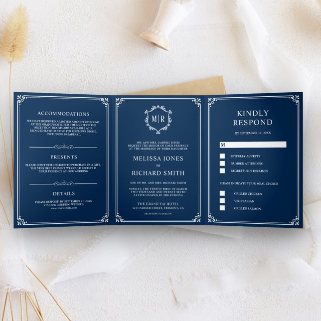 Elegant Classic Navy Blue Monogram Wedding Tri-Fold Invitation (Creator Uploaded)