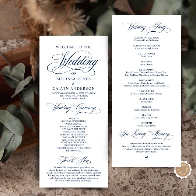 Elegant Classic Navy Blue Script Wedding Ceremony Programme (Elegant Classic Navy Blue Script Wedding Ceremony Program Card)