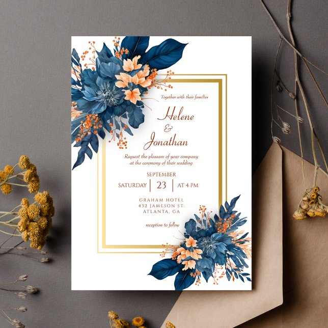 Elegant Classic Navy Blue Terracotta Wedding Invitation (Elegant Classic Navy Blue Terracotta Wedding Invitation)