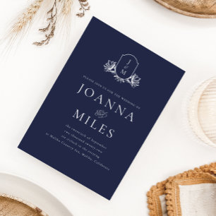 Elegant Classic Navy Botanical Crest Monogram Invitation