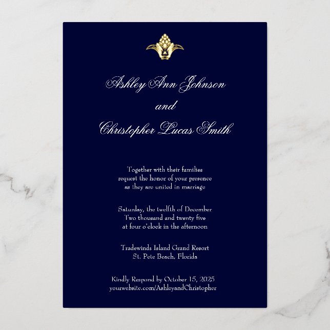 Elegant Classic Navy Gold Foil Wedding Invitation (Front)