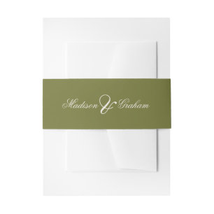 Elegant Classic Olive Green Script Names Wedding Invitation Belly Band