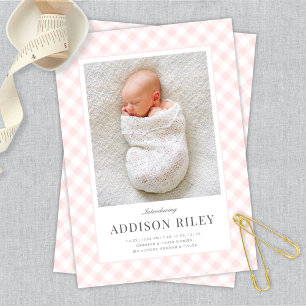 Elegant Classic Pink Gingham Baby Birth Announcement
