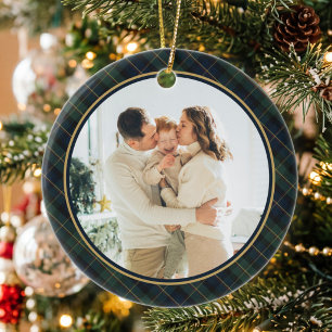 Elegant Classic Plaid Photo Christmas Ceramic Tree Decoration