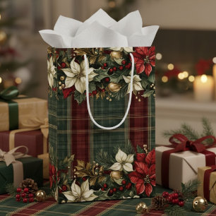 Elegant Classic Plaid Red Poinsettias Holly & Gold Medium Gift Bag