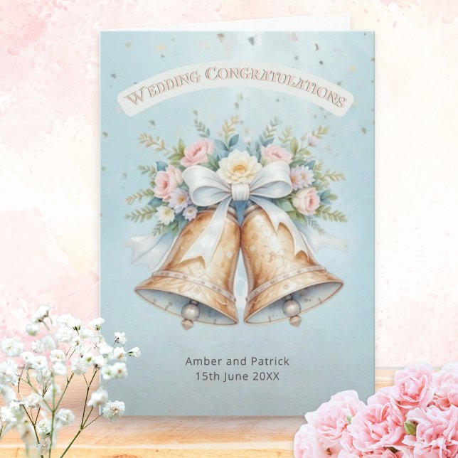 Elegant Classic Pretty Personalised Wedding Bells Card (A personalized wedding Congratulations card for the newlywed couple, with bells, flowers and ribbon)