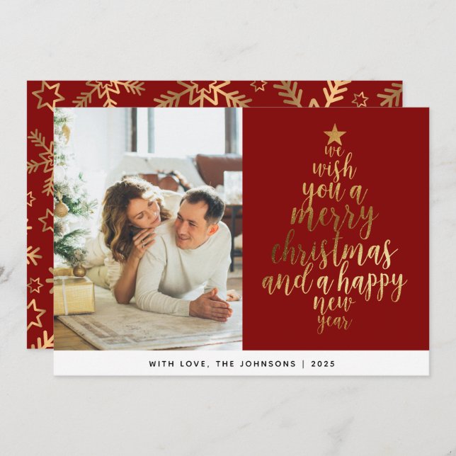 Elegant Classic Red Gold Family Photo Christmas Holiday Card (Front/Back)